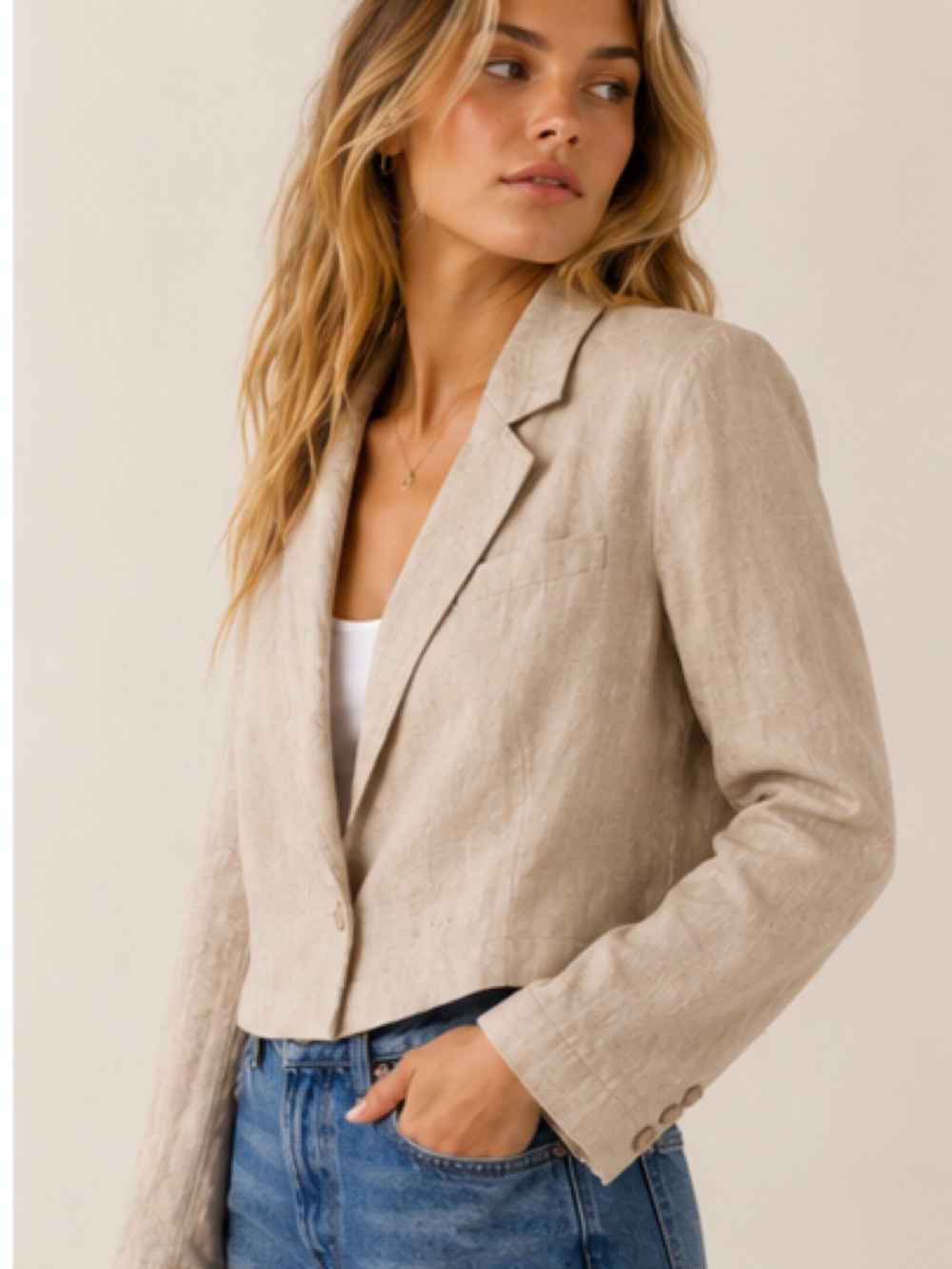 Free People Beige Linen-Blend Tailored Blazer size 10